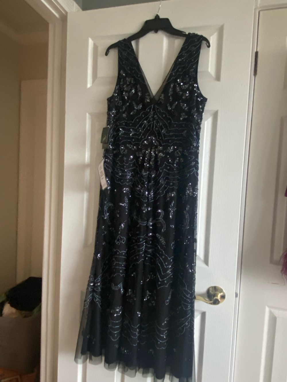 Adrianna Papell Black Beaded V-Neck Evening Dress